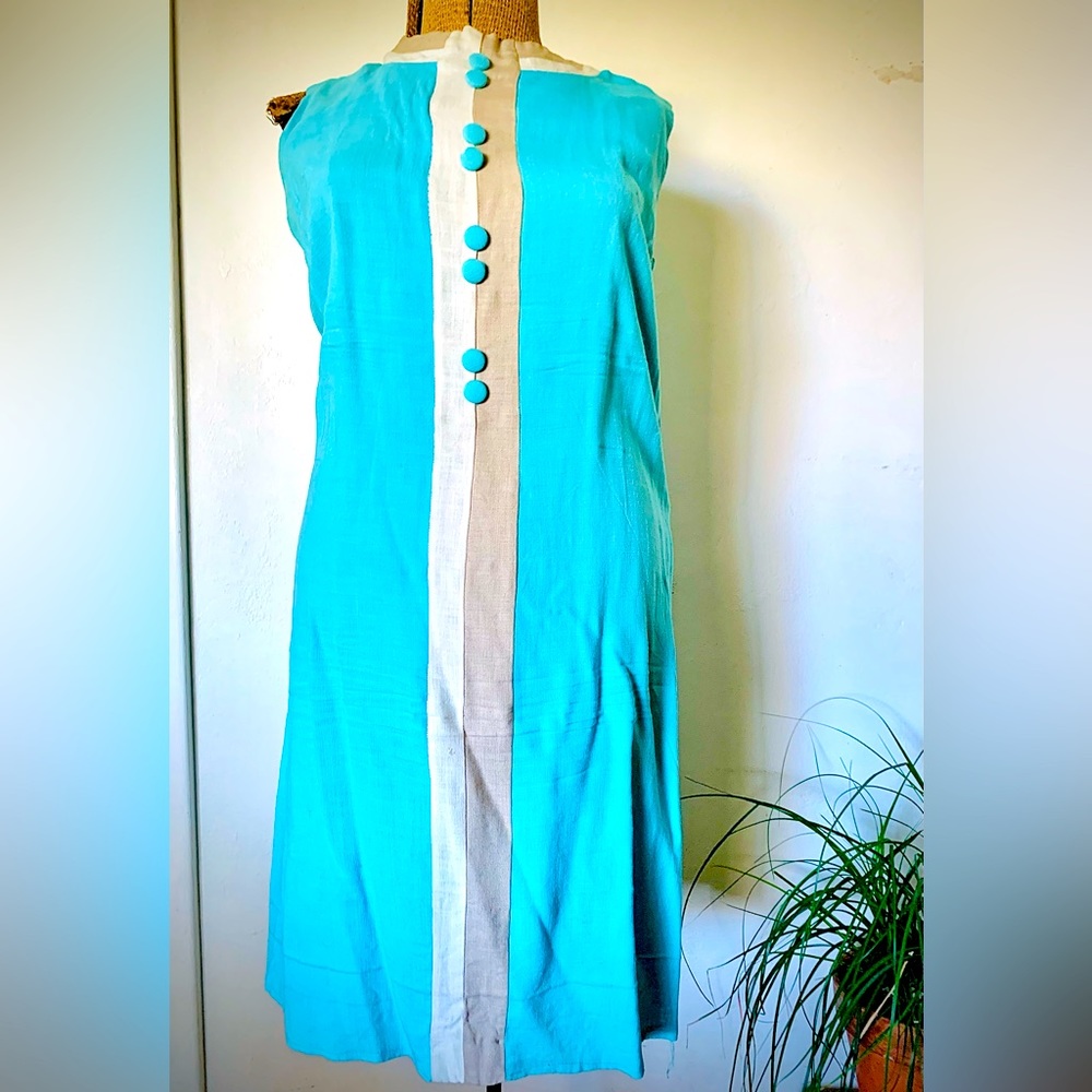 Lovey 1960’s Mod Linen Colorblock Sleeveless Dress by Pat Perkins